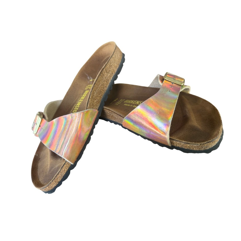 Birkenstock Madrid Rose Gold Iridescent Holographic slide Sandals Womens 37/6.5